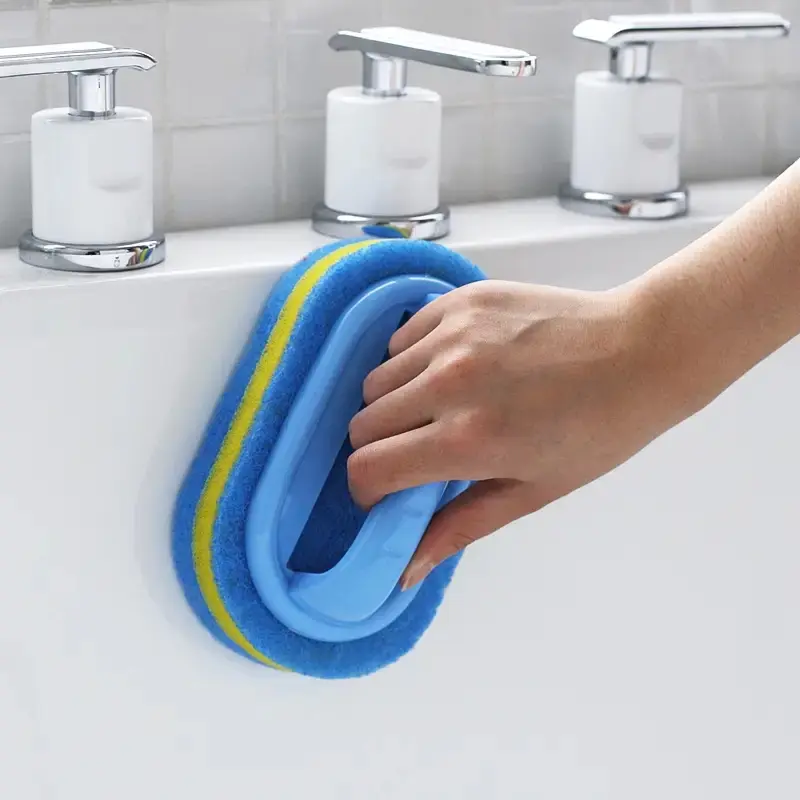 [Magic Sponge Scrubber] No Electricity Magic Sponge Scrubber with Handle - Plastic Cleaning Brush for Kitchen Bathroom Toilet - Ideal for Glass Wall, Ceramic, Window Cleaning