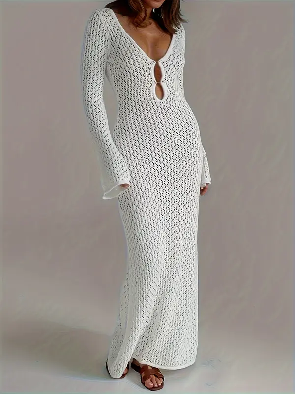 Summer new Women's solid color crochet long beach swimming holiday smock long sleeve sexy dress Casual Womenswear 0