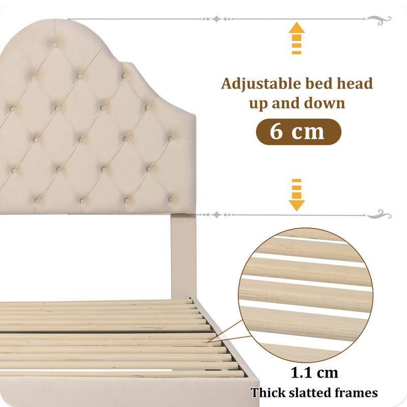 Upholstered bed 90*190 with slatted frame and headboard, Upholstered bed with height-adjustable headboard, Youth bed, Single bed, Wooden slat support, Easy assembly, Velvet, Beige 5