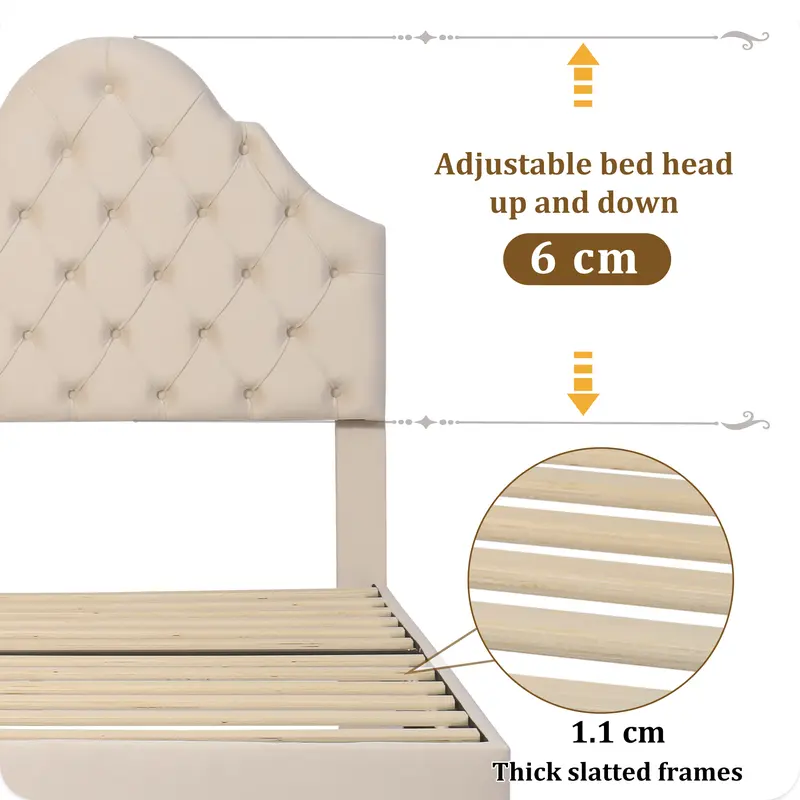 Upholstered bed 90*190 with slatted frame and headboard, Upholstered bed with height-adjustable headboard, Youth bed, Single bed, Wooden slat support, Easy assembly, Velvet, Beige 5