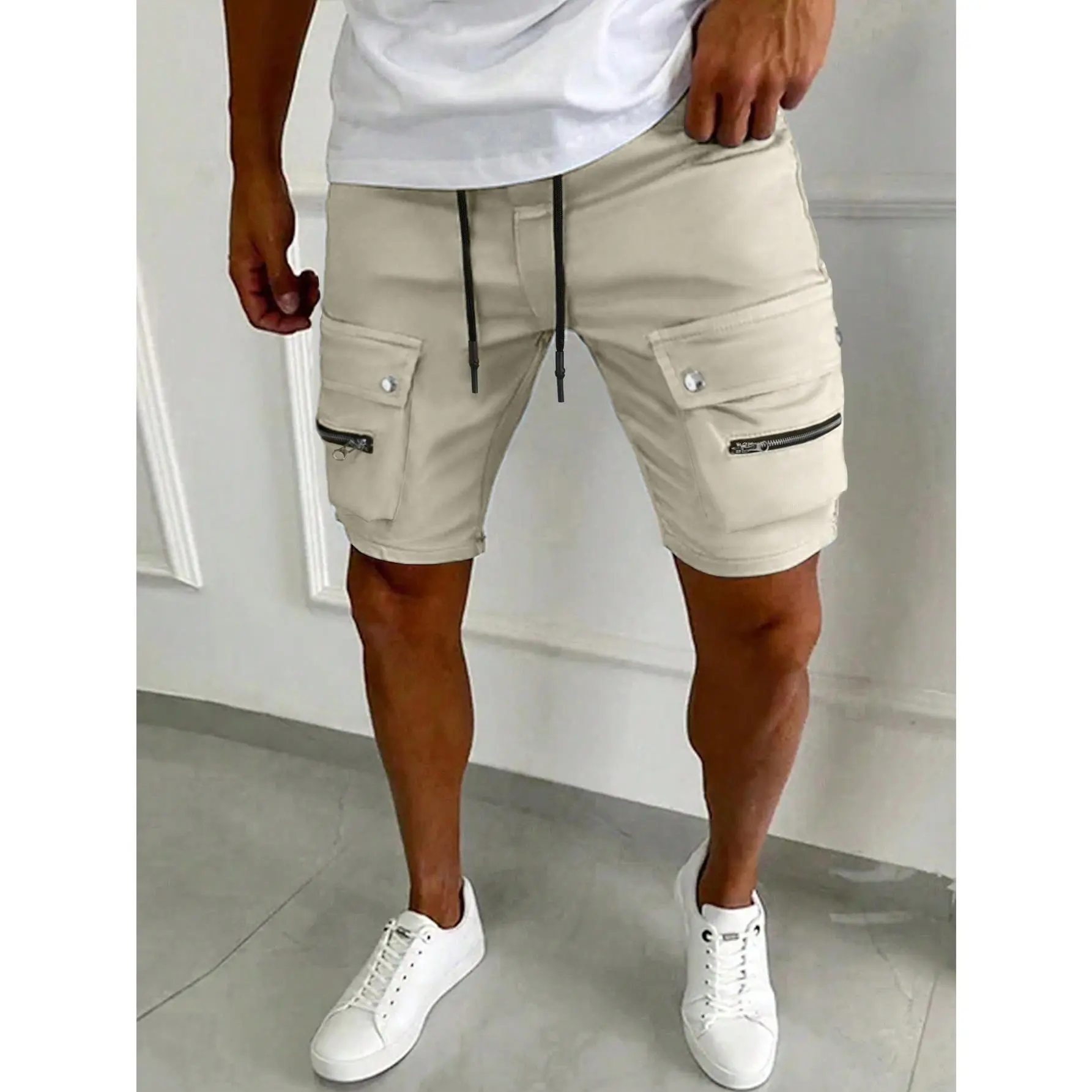Manfinity EMRG Men's Flap Pocket Drawstring Waist Shorts Menswear Tropical Beige Casual Plain Apricot