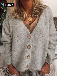 Women's Plain Button Front Drop Shoulder Cardigan, Casual Long Sleeve V Neck Knitwear for Spring & Fall, Fashion Women's Knit Clothing for Daily Wear