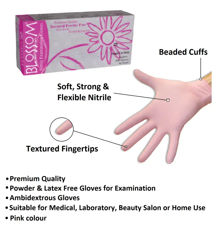 100 Premium Pink Nitrile Gloves Disposable Powder-Free Latex-Free Textured Fingertips Blossom brand Beauty Salon Tattoo Care Size XS 2