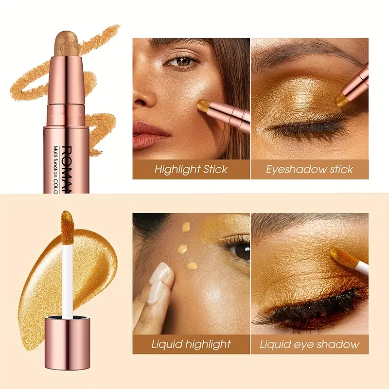 6 Colors 2-in-1 Highlight Stick + Highlight Liquid - Smooth Highlight Stick with Glitter Highlight Liquid and Flocked Brush Head, Can Be Used As Eye Shadow, Facial Highlighter for Bold Stage Makeup, Smoky Makeup,perfect Gift 1