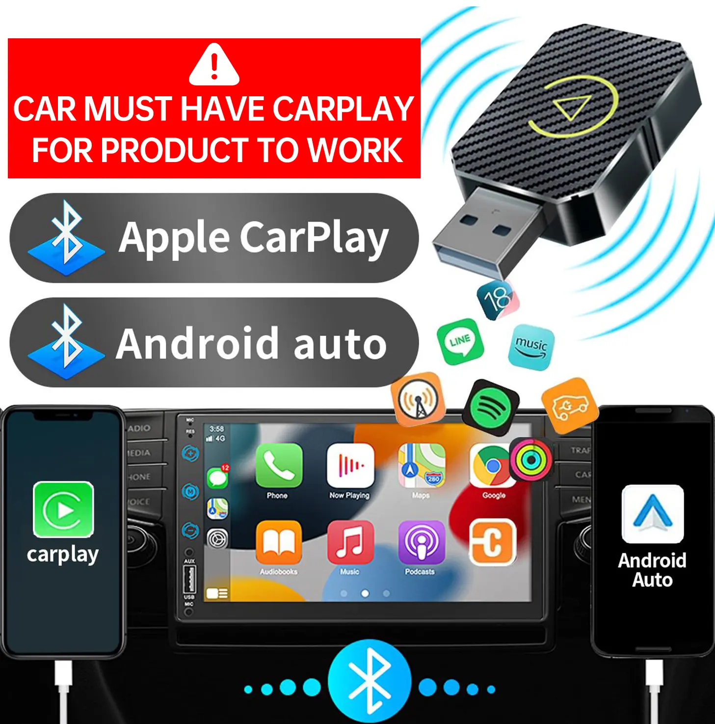 【UK SELLER Delivered with in 48H】2 in 1 Wireless CarPlay Adapter & Android Auto Wireless Adapter - Convert Factory Wired to Wireless CarPlay Dongle Cars - Stable Fast Connection- Plug& Play - Auto Connect & Online Update