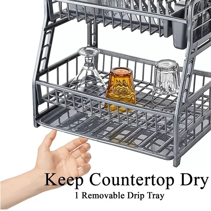 2 Tier Dish Drainer Rack Storage Drip Tray Sink Drying Draining Plate Bowl 1