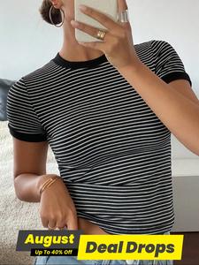 Women's Striped Print Round Neck Tee, Casual Short Sleeve T-shirt, Ladies Summer Clothes for Daily Wear, Womenswear, Tshirt