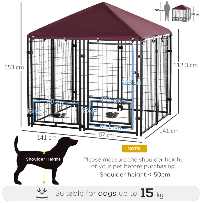 Outdoor Dog Kennel with Rotating Bowl Holders, Water and UV-Resistant Cover for Medium & Small Dogs, Red 2