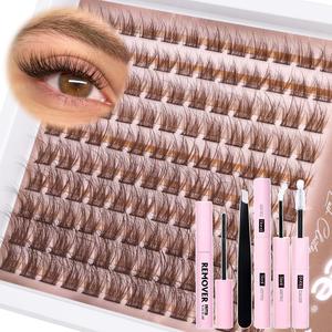 Brown Lash Clusters Kit Dark Brown Synthetic Hair Gently Fluffy Individual Lashes DIY Extensions with Bond Remover Tweezers for Natural Look Eyelashes Makeup