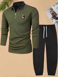 Two-piece Set Men's Letter Print Zipper Drawstring, Regular Fit Contrast Binding Polo Shirt & Pocket Pants, Casual Spring & Fall Outfits For Men