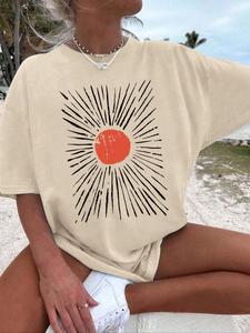 Women's Sun Print Drop Shoulder Tee, Casual Half Sleeve Round Neck T-Shirt for Summer, Women's Top for Daily Wear, Tshirt