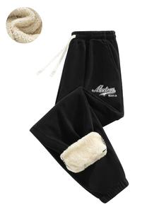 Men's Letter Print Drawstring Waist Thermal Lined Jogger Pants, Casual Comfy Elastic Waist Pocket Trousers for Winter, Men's Bottoms for Daily Wear