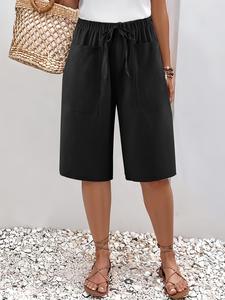 Women's Solid Color Wide Leg Shorts, Casual Comfy  Tie Front Straight Leg Shorts for Summer, Fashion Women's Bottoms for Daily Wear