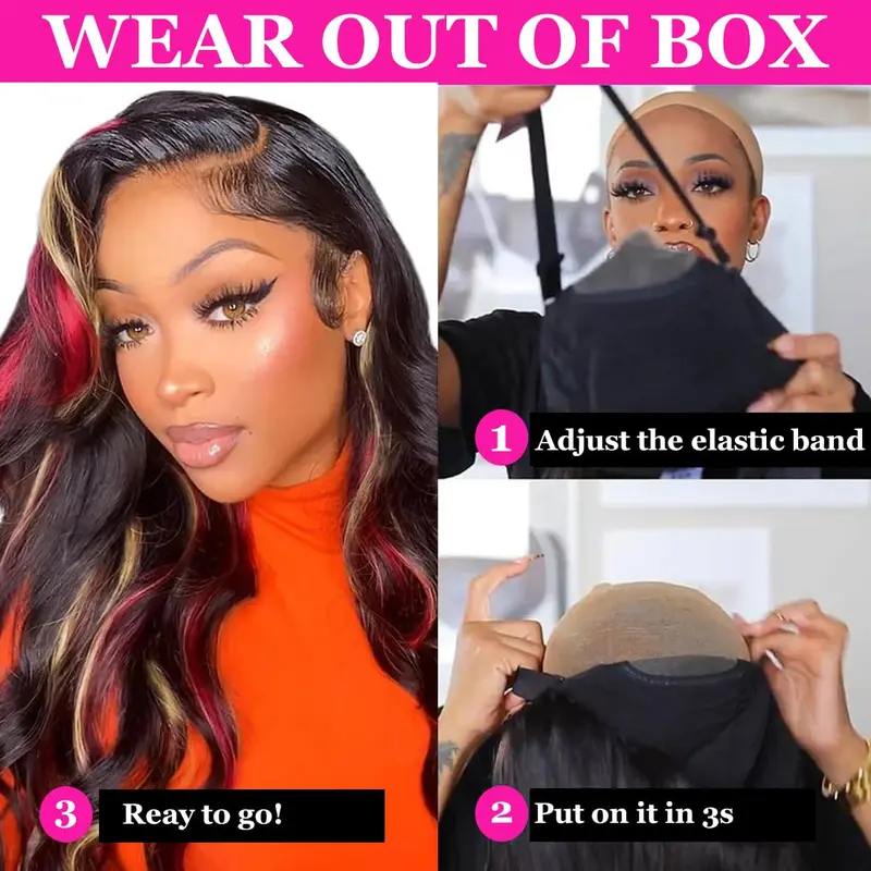 Highlight 5x5 Glueless Wigs Human Hair Pre Plucked Pre Cut Black Hair With Red blonde highlight Body Wave Wigs Human Hair 200% 3