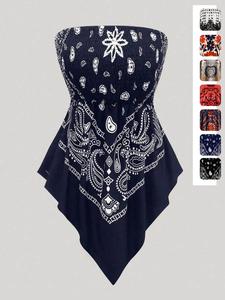 Plus Size Women's Strapless Towel Print Top, Ruffled Bohemian Style Pleated Hem Sleeveless Blouse, Ruched Sleeveless Top, Casual Summer Fashion