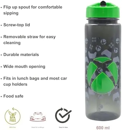 Xbox Reusable BPA free Kids Water Bottle with built in Carry Loop, Straw and Screw Lid - 600ml Drinkware Tumbler 2