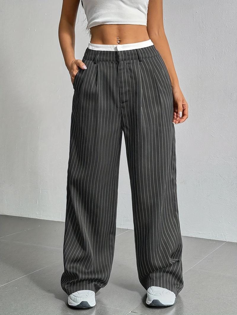 Product Introduction of Women's High-Waist Striped Wide-Leg Blazer Pants - Navy Blue & White Vertical Stripes, Polyester, Casual Style, Machine Washable, Spring/Summer/Fall Wear, Versatile Legwear | Wideleg Design | Glossy Texture, Wide Leg Pants 2
