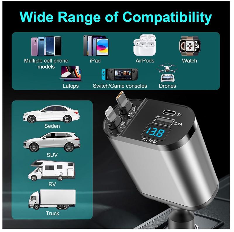 AHDXKUE Retractable Car Charger Adapter, 4 In 1 Car Charger with Retractable Cables and Voltage Display, Car Phone Charger with USB/USB-C Ports, Cigarette Lighter USB Charger for 12V / 24V Vehicles 6