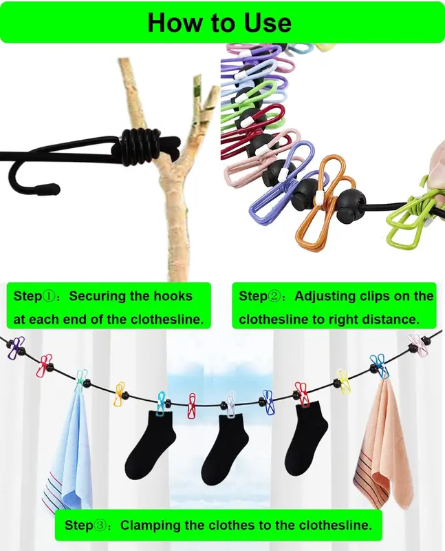 Travel Washing Line 2 Pcs - Portable Camping Washing Line with 12 Colorful Pegs - Elastic Retractable Clothes Line for Indoor and Outdoor (Black) 1
