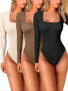Women's Solid Color Ribbed Long Sleeve Square Neck Bodysuit, Casual Comfy Bodysuit for Daily Wear, Ladies Clothes for Fall & Winter, Womenswear