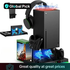 Cooling Stand for Xbox Series X, Controller Gamepad Charge Seat with Headphone Hook & Game Discs Card Slot, RGB Light Double Fan Console Accessories, Controller Accessories