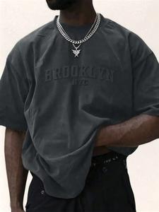 Men's Plus Size Letter Embossed Drop Shoulder Tee, Casual Half Sleeve Round Neck T-shirt, Fashion Men's Summer Top for Daily Wear, Streetwear Tshirt, Menswear, Casual Loose Fit