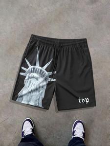 Men's Statue Of Liberty Print Boxer Brief Swim Shorts, Regular Fit Casual Comfy Breathable Swim Shorts for Summer, Men's Swimwear for Beach Vacation