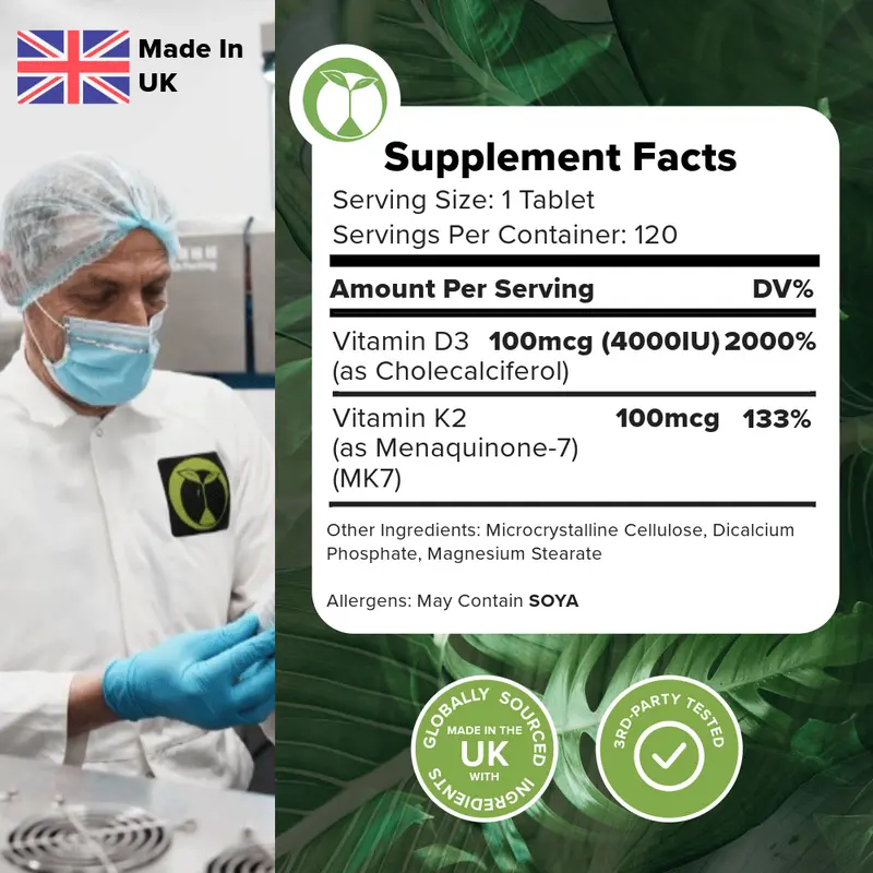 Vitamin D3 and K2 MK7 Tablets - 3rd Party Tested Dietary Supplement 3