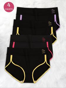 【Plus Size】 Contrast Binding Letter & Heart Pattern Brief, Soft Comfy Breathable Knicker for Daily Wear, Women's Underwear for All Seasons, Soft Breathable Panties