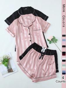 Women's Striped Jacquard Contrast Binding Satin Pyjama Set, Casual Fitted Pocket Button Lapel Shirt & Bow Decor Pj Shorts, Ladies Sleepwear for Everyday All Seasons, Pajamas, Womenswear, Shortsleeve Loungewear, Soft Stretchy Homewear, Sleep Sets