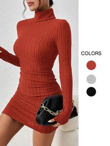 Women's Thin Ribbed Knit Long Sleeve Turtle Neck Bodycon Dress, Casual Black Short Tight Dresses for Autumn Fall Homecoming, Dresses for Women