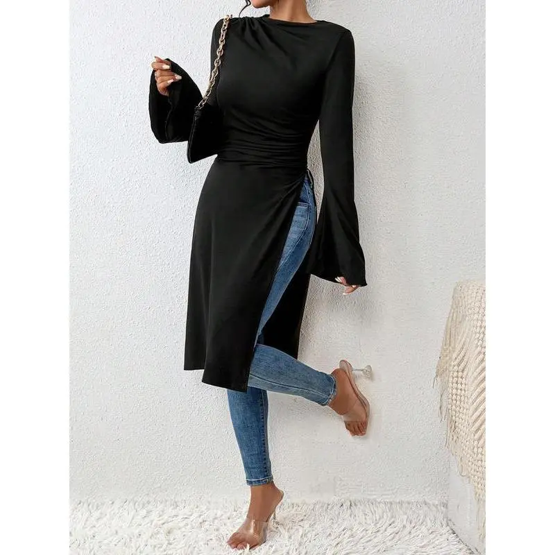 Women's Plain Ruched Flounce Sleeve Dress, Elegant Long Sleeve Round Neck Dress for Party Holiday Wedding Guest, Ladies Clothes for All Seasons 0