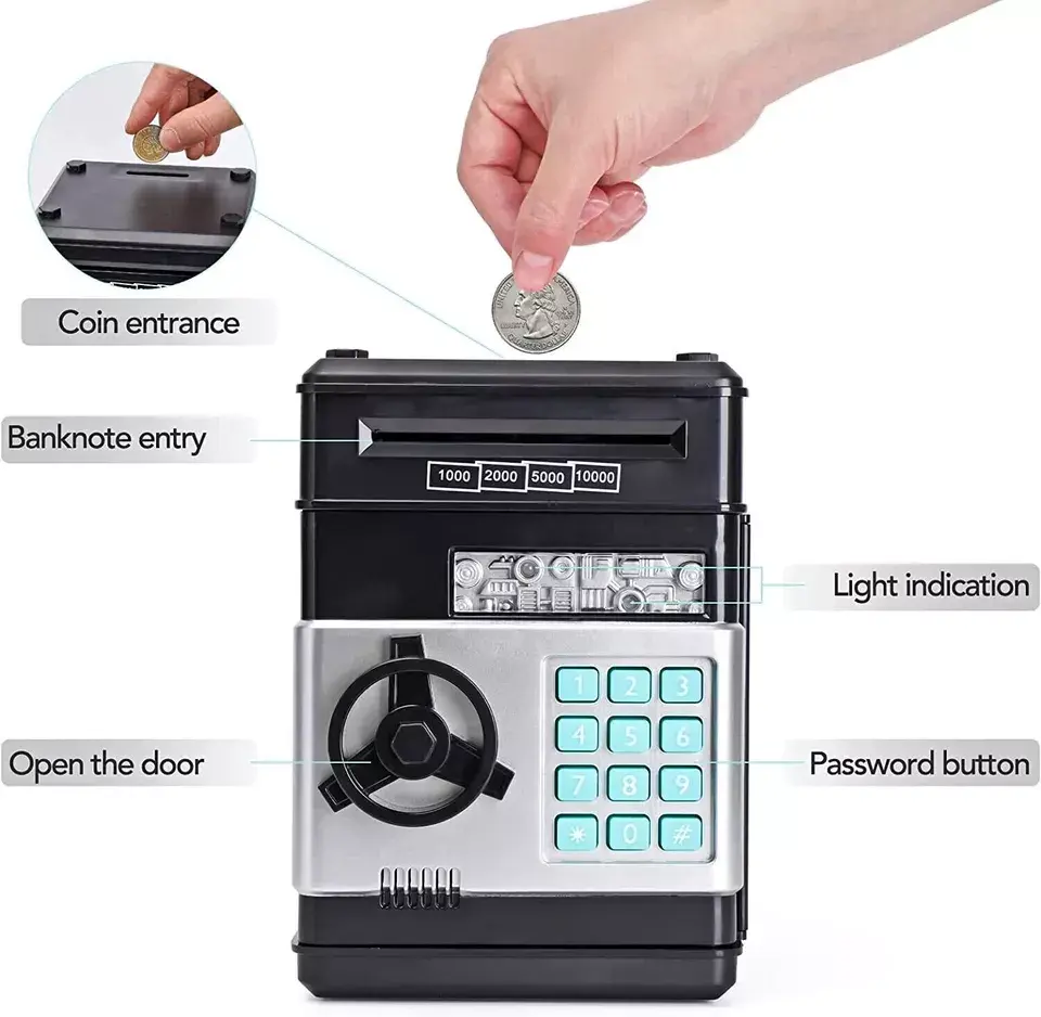 Piggy Bank Safe Money Box Bank Electronic Password Lock ATM Cash Coin Kids Gift (Black)