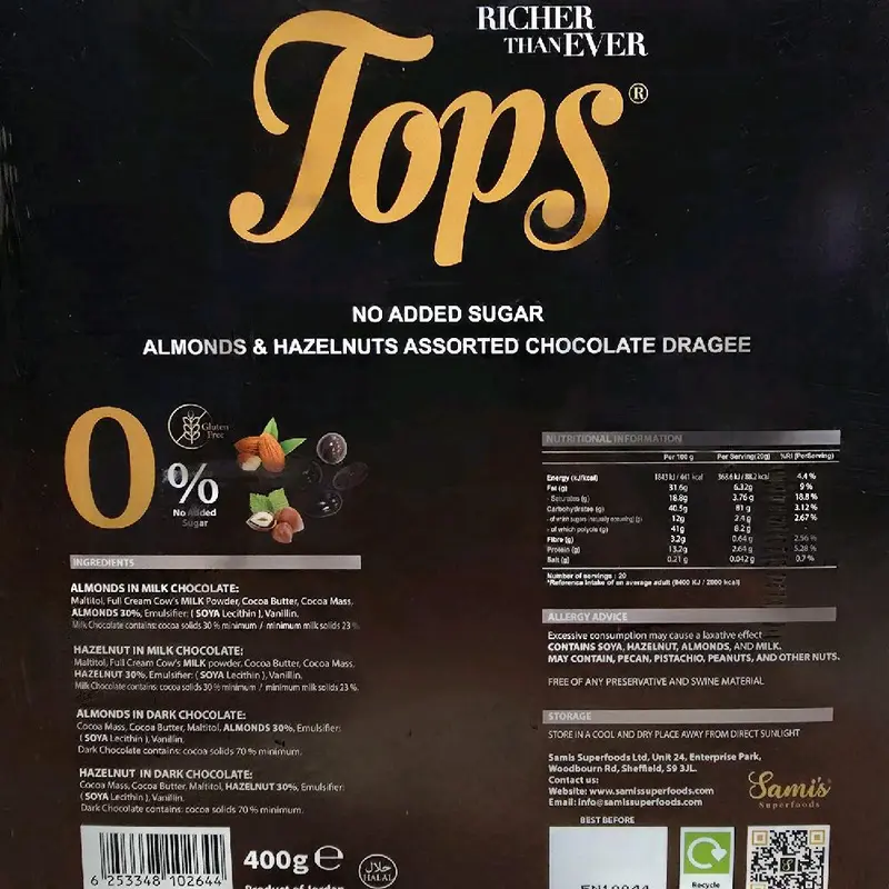 TOPS Assorted Chocolate Bundle - Zero Added Sugar - 7 Bars, 1 Box of each Dark and Milk chocolate chips & 1 Assorted Box 400g 1