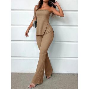 Two-Piece Set for Women, Solid Color Split Hem Tube Top and High-Waisted Pants Set, Elegant Fashion Casual Simple Two-Piece Set for Daily Outdoor Wear, Women's Summer Clothing Suits Womenswear spotlight  clothes Gamis Basic 2  pcs