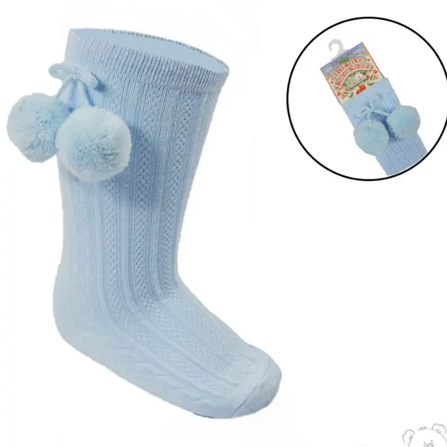 Blue knee high Pom Pom socks