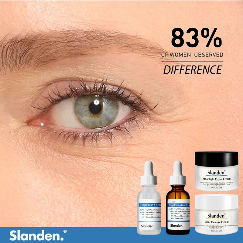 Slanden Serum + Cream Bundle: Essence & Moisturizer Duo Brighten & Renew. Deeply hydrate. Fade dark spots. Combat acne. Soothe skin. Repair damage. Reduce wrinkles. Firm skin. Smooth lines. Strengthen barrier. Tighten pores. Enhance glow. 3