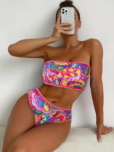 Two-piece Set Women's Plants Print Contrast Binding Bandeau Bikini Set, Casual Strapless Swim Top & Swim Bottom Two-piece Swimsuit for Beach Holiday Vacation, Ladies Swimwear for All Seasons, Ruched Bikini Bottom