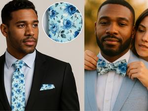 Sky Blue Cotton Bespoke Tie, Bow Tie or Matching Pocket Square Cotton Luxury Wedding Navy Floral Pocket Hanky