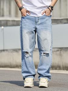 Men's Ripped Straight Leg Jeans, Loose Casual Comfy Denim Pants for Daily Wear, Woven Bottoms for All Seasons