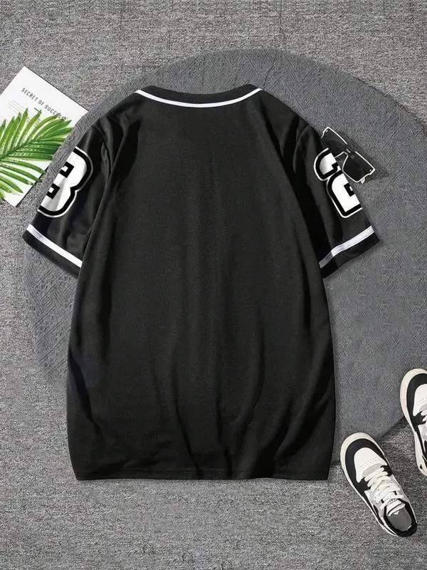 Men's Letter Print Short Sleeve Baseball Jersey, Regular Fit Casual Street Open Front Outerwear for Summer, Men's Clothes for Daily Wear 1