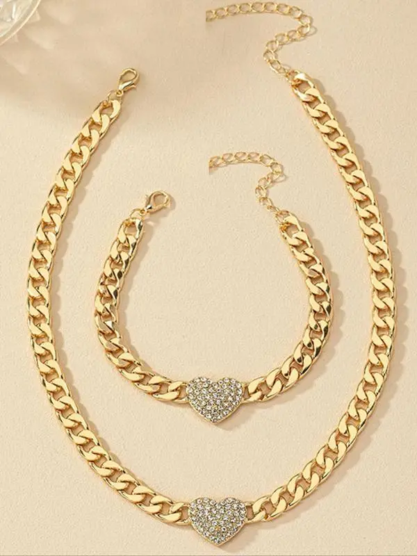Women's Elegant Rhinestone Decorated Heart Design Necklace & Bracelet Set, Exquisite Trendy Chain Design Jewelry Set, Fashionable Jewelry Set As Gift for Women Gifts For Girlfriend, Valentine's Day, Gift 0