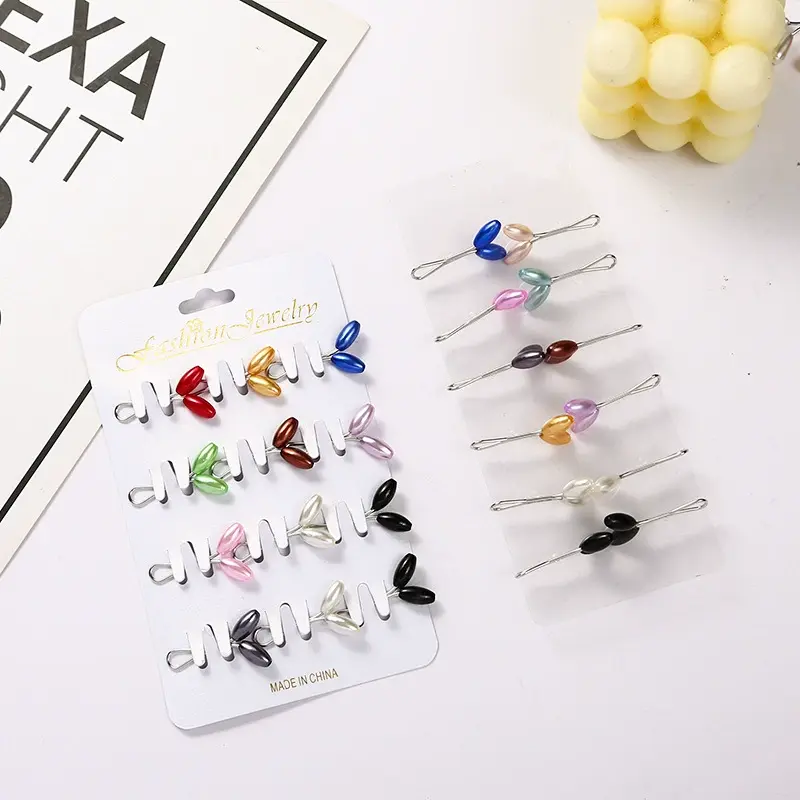 (This is a gift, random color) Brooch jewelry Muslim silk scarf U-shaped clip rice bead pearl turban neck clip fixed