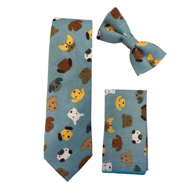 Medium denim blue adult bow tie with cute dog puppy design 1