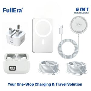 Upgraded 6-in-1 Magnetic Charging & Audio Kit – 20W Fast Charge Power Bank, Wireless Charger, Bluetooth 5.3 Earbuds, Type-C & Lightning Cables, Adapter, Enhanced Magnetic Ring, All-in-One Travel Set