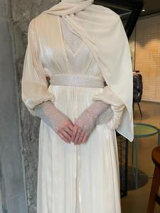 Women's Rhinestone Decor Long Sleeve Abaya &  V Neck Sleeveless Dress with Hijab & Belt, Elegant Modest Outfit for Daily Wear, Ladies Clothes for All Seasons