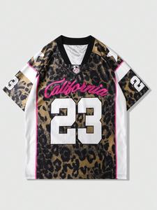 Men's Leopard Letter Print V Neck Tee, Regular Fit Casual Short Sleeve T-Shirt for Summer, Men's Top for Daily Wear