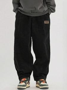 Men's Solid Patched Drawstring Waist Corduroy Pants, Loose Casual Comfy Pocket Wide Leg Trousers for Fall & Winter, Men's Bottoms for Daily Wear