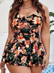 【 Plus Size】 Floral Print Tankini Set, Casual Sleeveless Swim Top & Swim Panty Two-piece Swimsuit for Summer, Women's Swimwear for Beach Holiday Vacation, Bathing Suits, Tankini Swimsuits Women