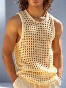 Men Vacation Style Hollow Mesh Vests Summer Sleeveless Tank Tops